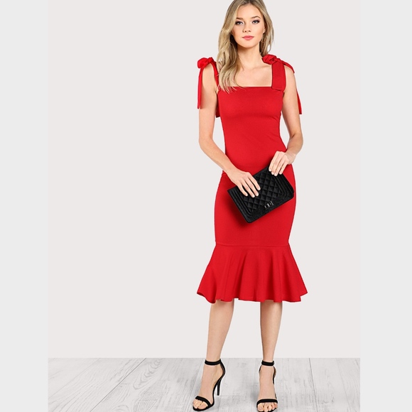 Red Fishtail with Strap Ties Dress Bodycon Midi - Picture 4 of 8